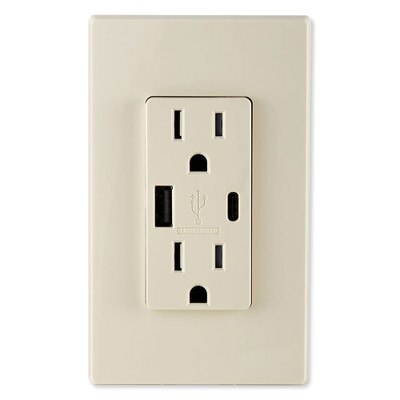 Leviton Decora USB Type-A/Type-C Wall Outlet Charger, 15A, Light Almond